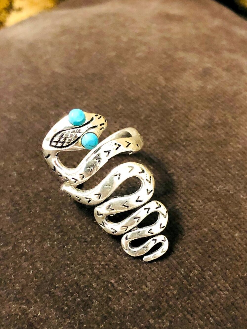 Snake Ring with Turquoise Blue Eyes Silver Tone Brass Armour Ring Style Size 7.5